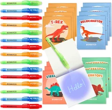 BONNYCO Invisible Ink Pen and Notebook Pack 16, Dinosaur Party Favors for Kids. 