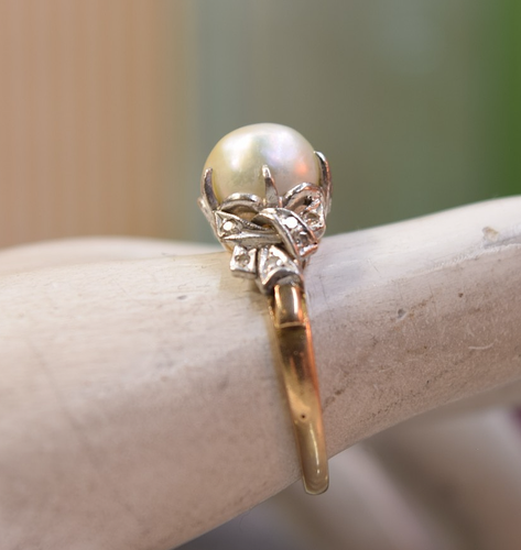 Antique Edwardian 14K Platinum Diamond Natural Saltwater Pearl Ring sz 5.75 - Picture 10 of 13