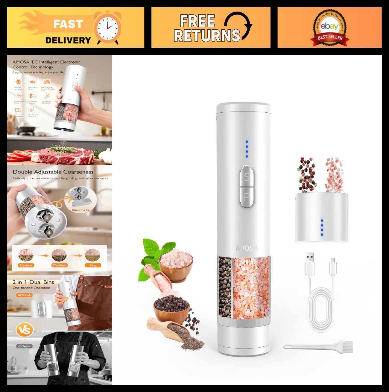 Electric Salt & Pepper Grinder Set - 2-in-1 USB Rechargeable Mill, LED Light, Ad
