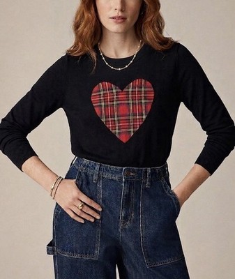 J Crew Tartan Plaid Heart Novelty Sweater Black Size Medium Preppy Scandi NWT