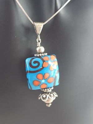 AGI Vintage Sterling Silver Orange Flower Blue Bead Necklace 12 Grams