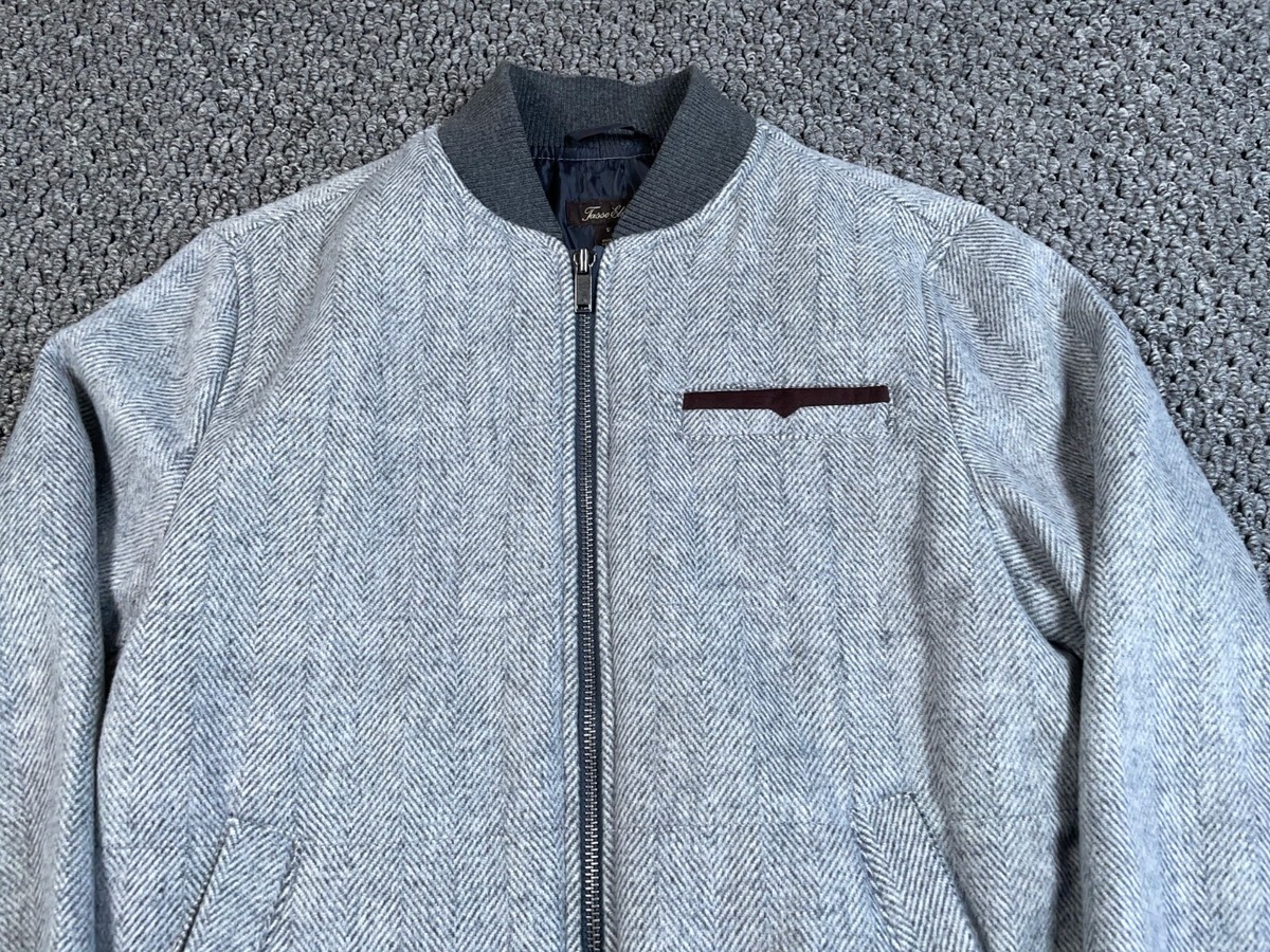 Wool Blend Zip Bomber Jacket Adult Small Gray Herringbone
