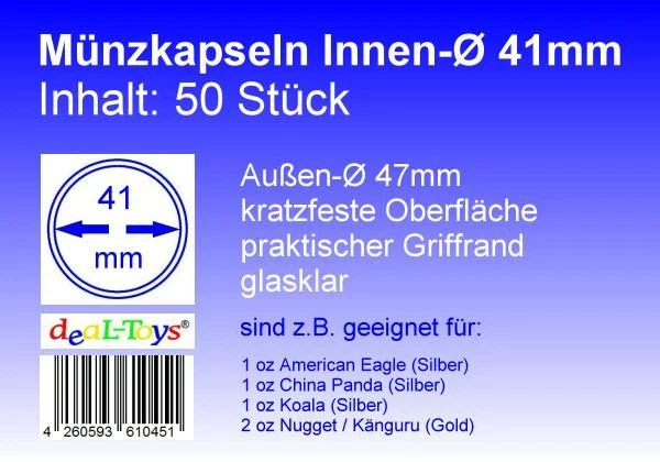 DEAL-TOYS® 50 Münzkapseln 41mm, geeignet für 1 oz American Eagle (Silber)