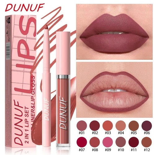 New 2 IN 1 Lip Liner Lip Gloss Set Women Matte Nude Lipliner Lipgloss Pen Pencil