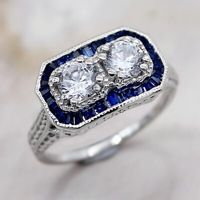 2.00Ct Simulated Diamond Sapphire Vintage Style Art Deco Ring White Gold Plated