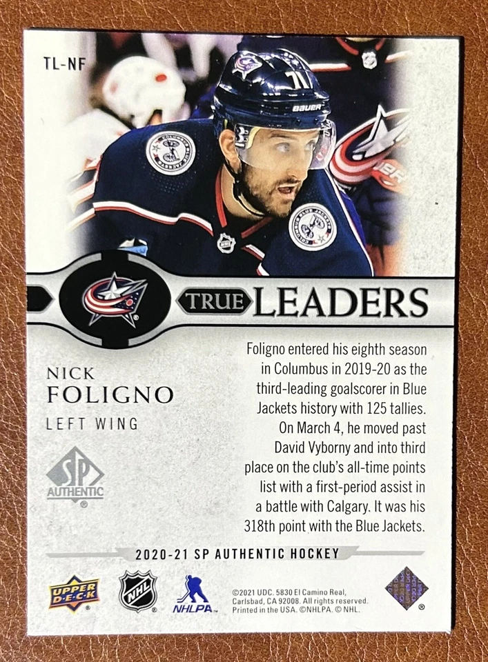 Nick Foligno TRUE LEADERS 2020-21 SP Authentic Hockey Upper Deck #TL-NF NHL Card - Image 2 of 2