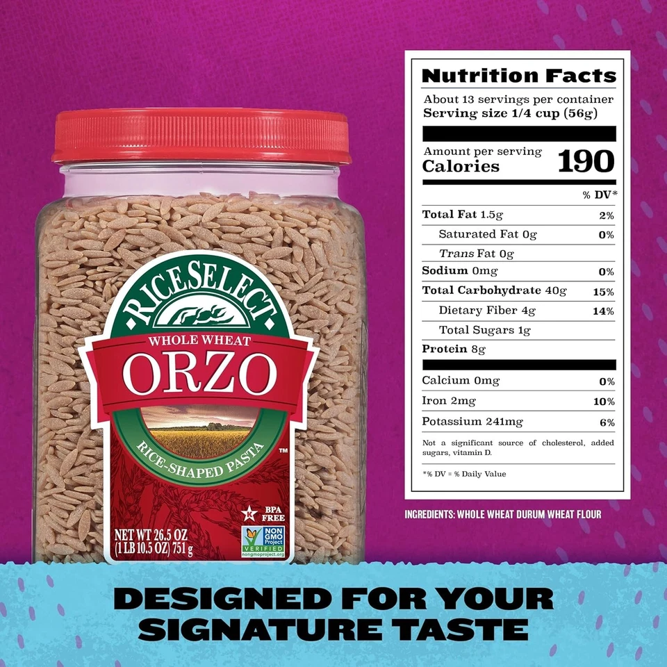 RiceSelect Trigo Integral Orzo Pasta en Forma de Arroz No OGM Vegano 1.66 Libras Paquete de 1 Foto 2 de 4