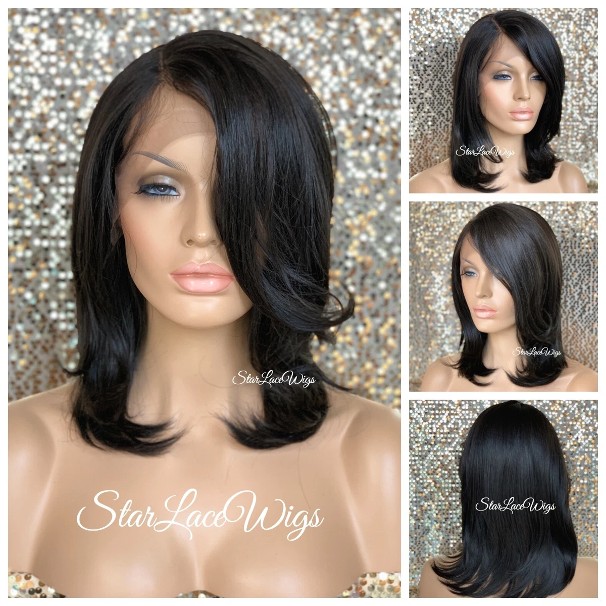 Lace Front Wig Bob Straight Jet Black 1 Side Part Short Heat Safe