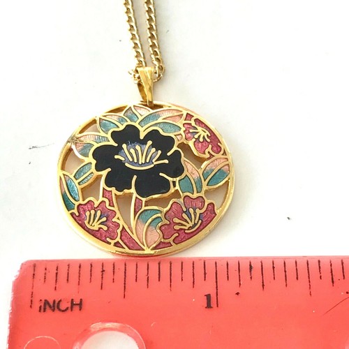 Vintage Black Red Green Cloisonné Orchid Necklace Enamel Flower Gold Plated - Picture 9 of 10
