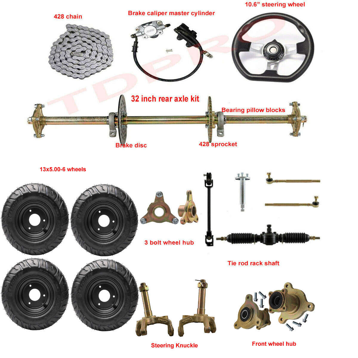 32" Live Rear Axle Kit For Go-Karts & ATVs – Includes Axle, Sprocket, Hubs, Brake Disc, Caliper & Chain