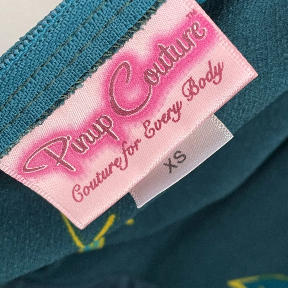 Vestido Pinup Couture para mujer XS verde azulado floral ojo de cerradura frontal manga corta Foto 4 de 4