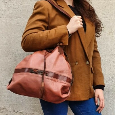 Sac à seau sac bandoulière vintage années 80 cuir véritable rose ancien cuir - Photo 1/4