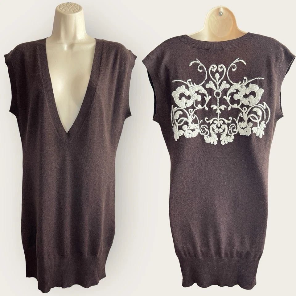 Chaleco Largo Otoño Cachemira Marrón Tejido Cuello en V Bordado Espalda Floral Talla M Foto 2 de 4