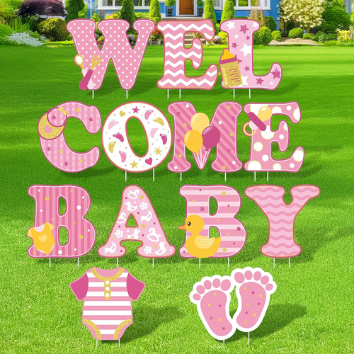 13 Pcs Baby Shower Yard Sign 'Welcome Baby' Yard Signs with Stakes, 15 Inch Tall
