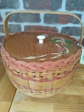 Vintage Wood Sewing Box Basket Hand Painted Folk Art Cottagecore Homestead 