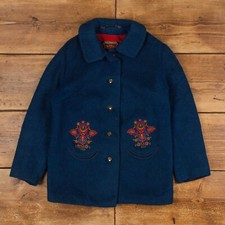Vintage Shepherd Loden Wool Jacket S 60s Mohair Floral Applique Blue Womens