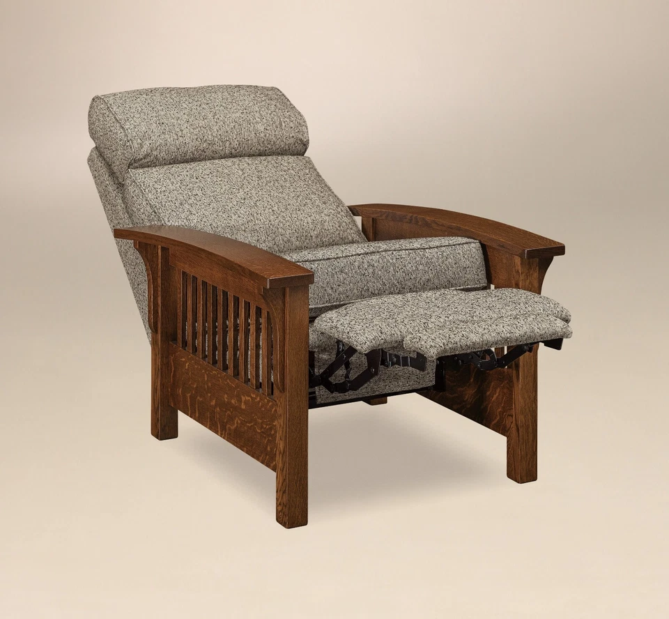 Amish Mission Arts & Crafts Recliner Chair Solid Wood Upholstered - Image 3 of 4