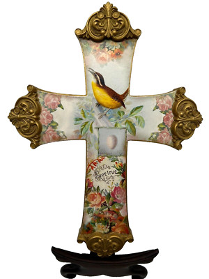 Vintage Victorian Easter Wall Cross Floral Bird Spring