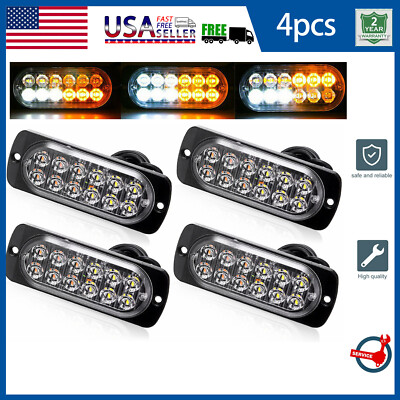 4X 12LED Strobe Lights Bar Brighter Flashing Warning Hazard Beacon Amber/White