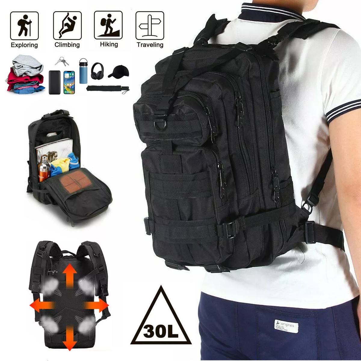 30L Military Black Tactical Backpack Rucksack Camping Hiking Bag Outdoor  Travel | eBay