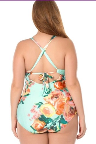 Becca 6681077 0X(14-16) Multicolor High Tea Plunge One Piece Swimsuit NWT - Picture 2 of 2