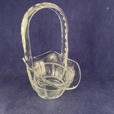 Glass Basket Candy Nut Dish Etched Clear Glass Flowers 