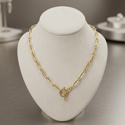 Technibond Paper Clip  Chain Necklace Toggle Lock 14K Yellow Gold Plated Silver