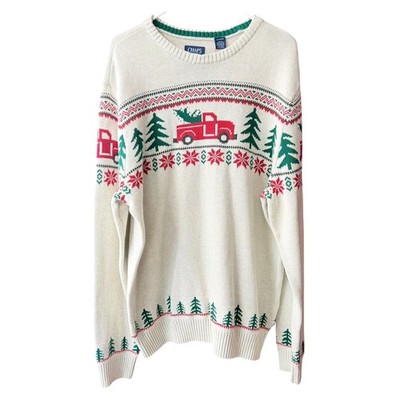 Chaps Mens XL Christmas Sweater Red Truck Tree Fair Isle Cream Holiday Pullover