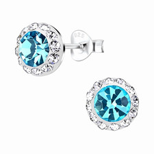 925 Sterling Silver Blue Crystal Halo Stud Ea...
