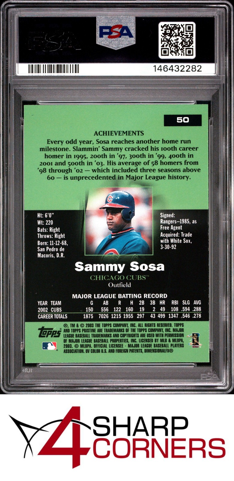2003 TOPPS PRISTINE #50 SAMMY SOSA CUBS POP 3 PSA 10 view 2