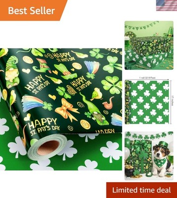 Green Wrapping Paper Roll, Metallic Foil Irish Gnomes, Lucky Shamrock Design ...