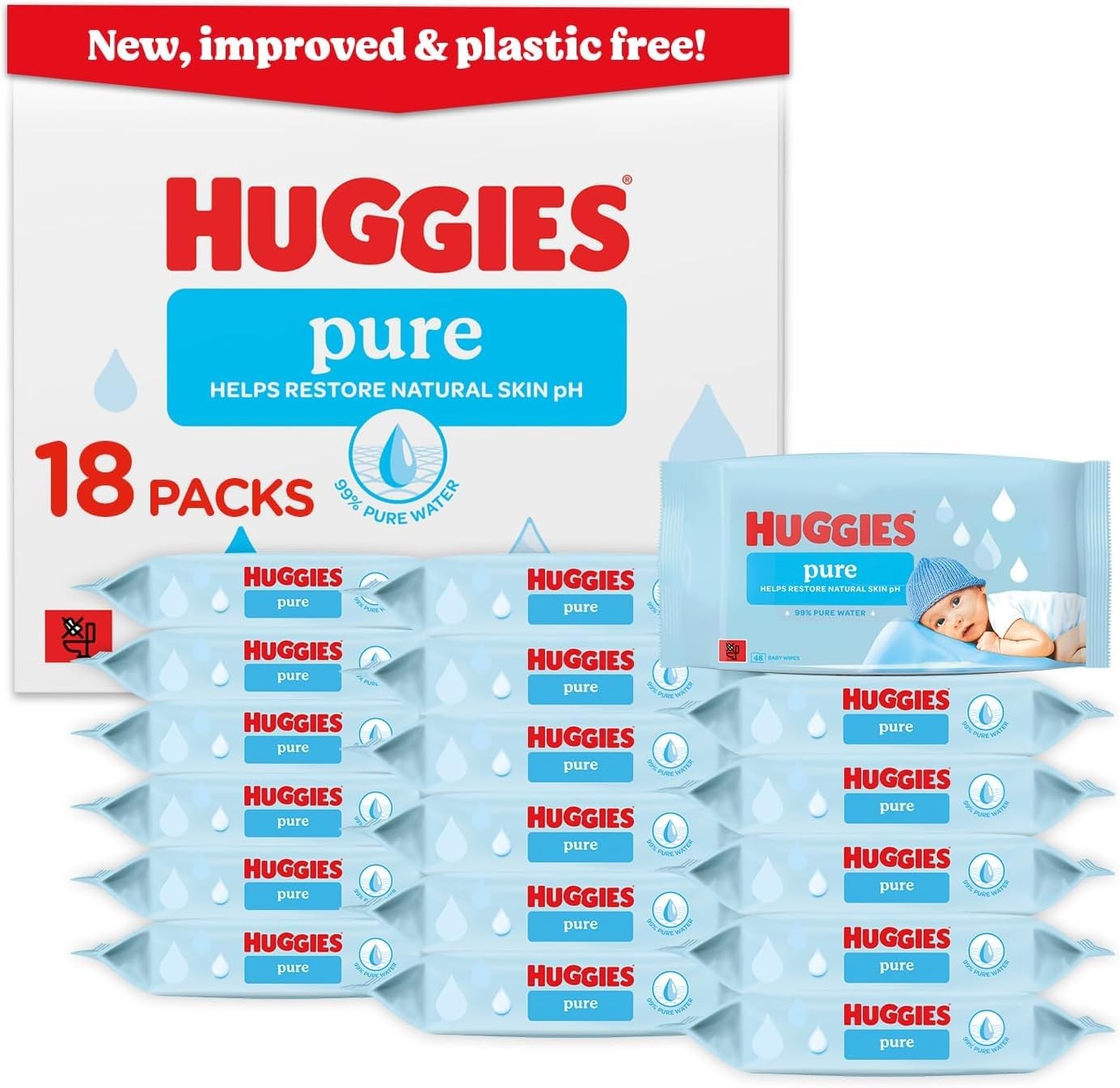 Huggies Pure Plastic Free Baby Wipes - Pack of 18 864 Wipes 99% Water Wet Wipes - Image 4