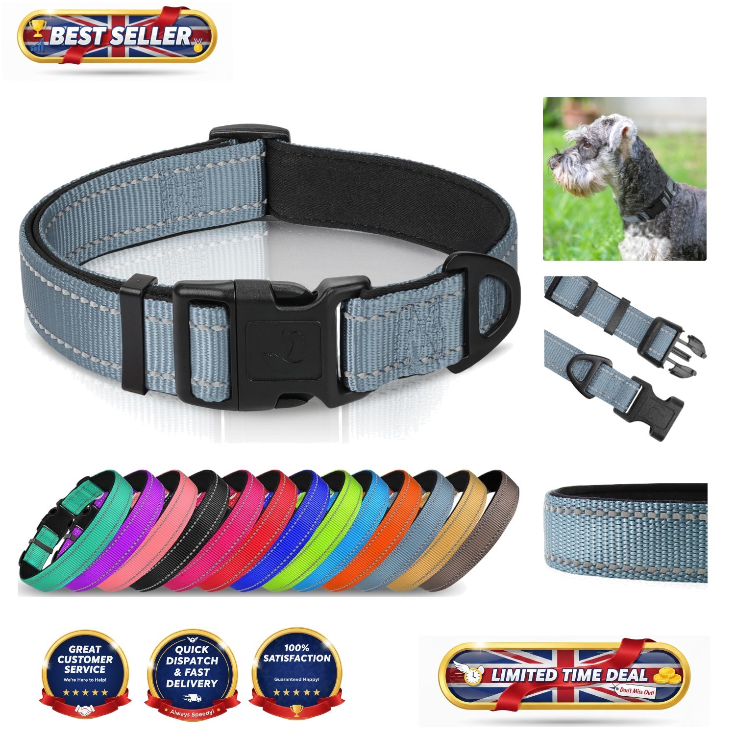 Comfort-Fit Gray Nylon Dog Collar - Adjustable, Reflective for Night Safety