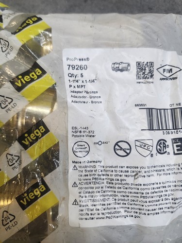 Bag Of 5, Viega 79260 ProPress Adapter 1-1/4" x 1-1/4'' P x MPT Adapter Bronze