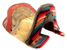 ANTIQUE ASIAN CHINESE OR KOREAN WARRIOR'S HORSE SADDLE, SILVER INLAID IRON MNTS.