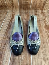 CHANEL Cambon Grey  Leather Black CC Cap Toe Bow Ballerina  Flats EU 37 US 7