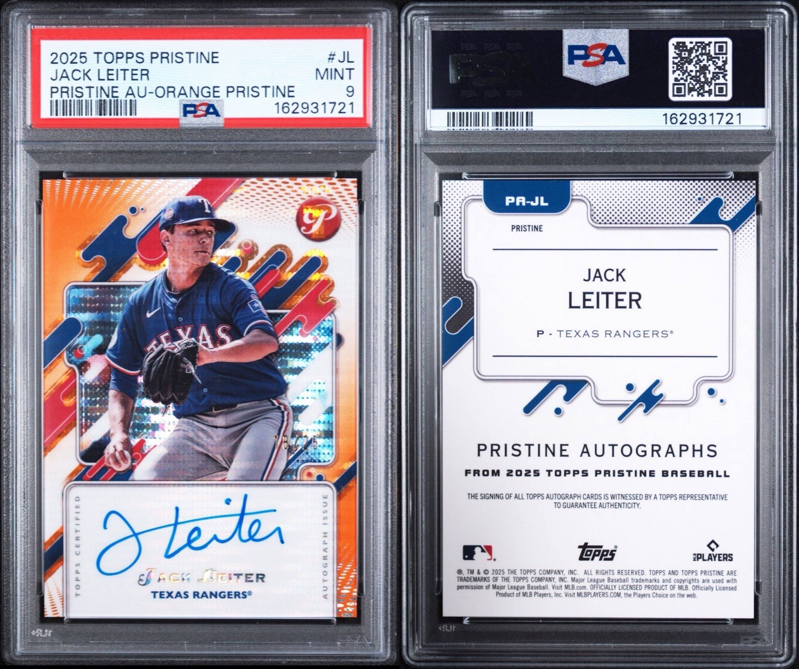 2025 Topps Pristine Jack Leiter Auto Orange Pristine #/25 Rangers PSA 9 view 3