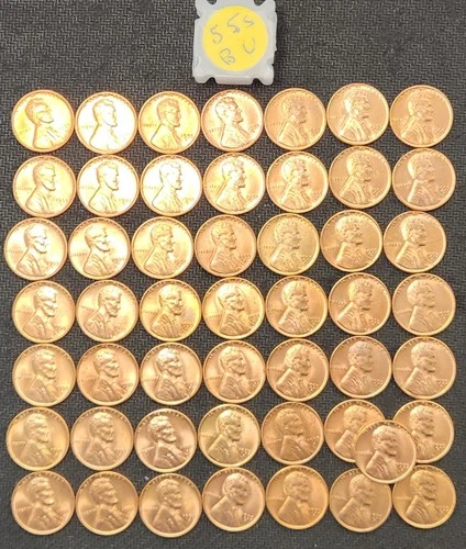1955 S Uncirculated Wheat Cents, Full Roll 50 UNC Coins 1c Penny - ZL-10a