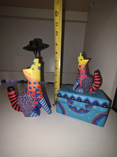 Colorful Mexican Oaxacan Wood Carved Coyote Wolf Hinged Box & Candle Holder 