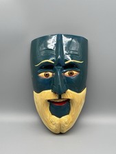 VTG Handcrafted Wooden Mask Blue Face Blonde Beard Folk Art Made in Mexico
