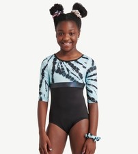 Justice Girls Leotard Size S 7/8 Radial Dye Blue Black Elbow Length Sleeve