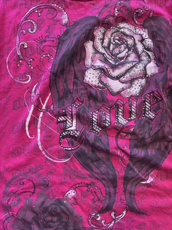 Regata gráfica vintage manga gorro de renda estilo tatuagem rosa grunge anos 00 Y2K grande - Imagem 2 de 4