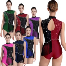Womens Leotard Dress Bodysuit Gym Jumpsuit Ballet Back Fitness Rhinestones