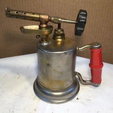 Vintage Turner Mini Brass Blow Torch Sycamore IL  Red Wooden Handle Antique Tool