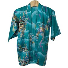 Marukyo Vintage Asian Scenic Print Kimono Robe Jacket Size L Turquoise Japanese