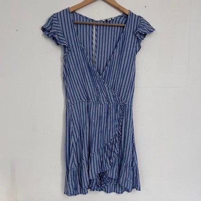 Womens Romper American Eagle Small Blue White Striped Ruffle Wrap Front Viscose