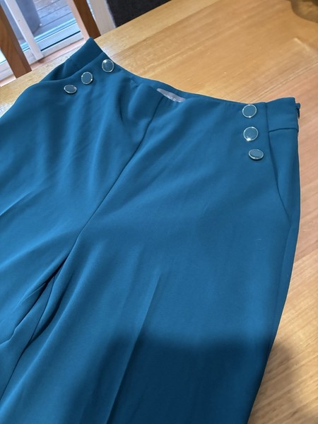 Jacqui E Women’s Blue High Rise Wide Leg Cropped Pants Pockets Size 14