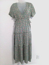 Shein Maxi Dress Women Large Green Floral Prairie Cottagecore Tiered Boho Deep V