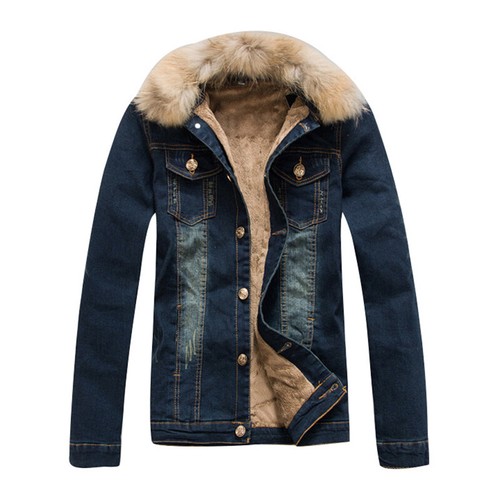 Mens Fleece Lined Denim Jacket Detachable Faux Fur Collar Tops Coat Outdoor Warm - Picture 4 of 9