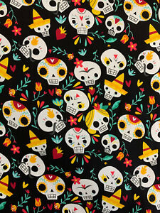 Black Skull Candy Skulls  Printed 100% Cotton Poplin Fabric.
